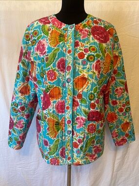 Norm Thompson Silk Floral Jacket Quilted Tropical Print Blue Pink M